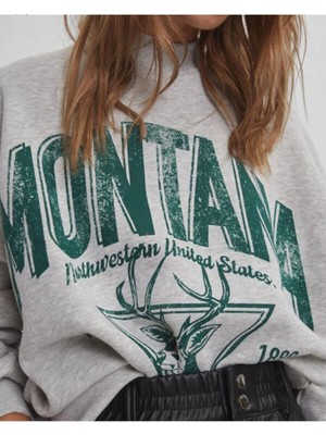 Nestore Gri Kadın Sweatshirt Oversize Montana Baskılı Kışlık Kadın Sweat
