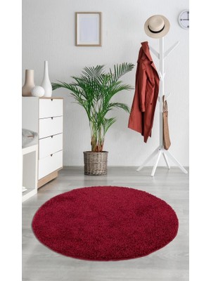 Eurobano Kırmızı Soft Shaggy Yumuşak Kaymaz Tabanlı Daire Yıkanabilir Halı