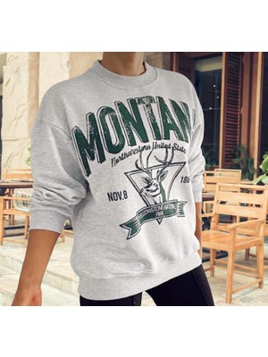 Amor Woman Montana Dijital Baskılı Yuvarlak Yaka Yei Trend Kadın Pamuk Dokuma Spor Sweatshirt