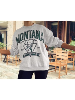 Amor Woman Montana Dijital Baskılı Yuvarlak Yaka Yei Trend Kadın Pamuk Dokuma Spor Sweatshirt