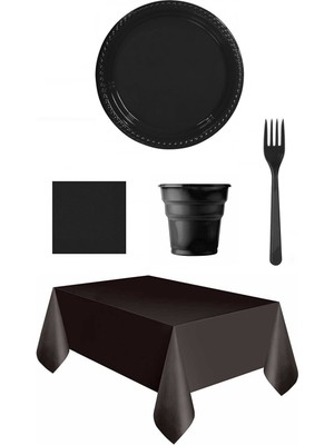 Dipak Siyah Renk Plastik Parti Seti 25 Adet Tabak Bardak Çatal Peçete ve 120×180 cm Masa Örtüsü