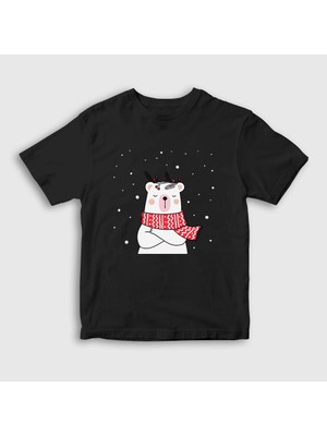 Presmono Unisex Çocuk Siyah Polar Bear Kutup Ayısı Yılbaşı T-Shirt