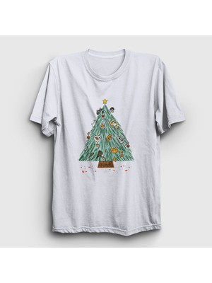 Presmono Unisex Beyaz Kedili Çam Ağacı Yılbaşı T-Shirt