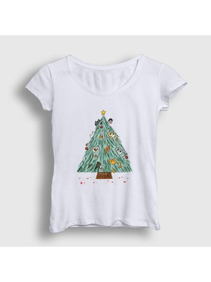 Presmono Kadın Beyaz Kedili Çam Ağacı Yılbaşı T-Shirt