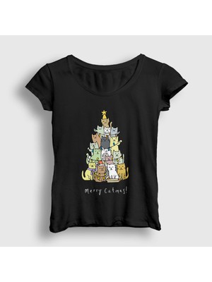 Presmono Kadın Siyah Merry Catmas Kediler Yılbaşı T-Shirt