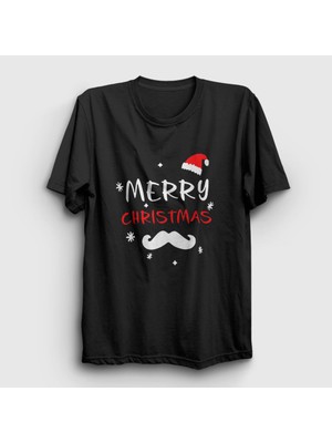 Presmono Unisex Siyah Mustache Merry Christmas Yılbaşı T-Shirt
