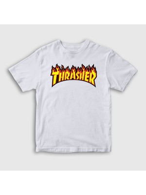 Presmono Unisex Çocuk Beyaz Logo V1 Thrasher T-Shirt
