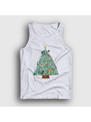 Presmono Unisex Beyaz Kedili Çam Ağacı Yılbaşı Atlet