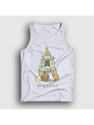 Presmono Unisex Beyaz Merry Catmas Kediler Yılbaşı Atlet