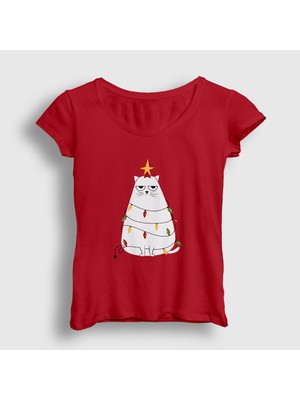 Presmono Kadın Kırmızı Huysuz Kedi Yılbaşı T-Shirt