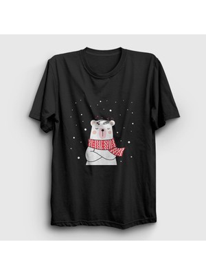 Presmono Unisex Siyah Polar Bear Kutup Ayısı Yılbaşı T-Shirt
