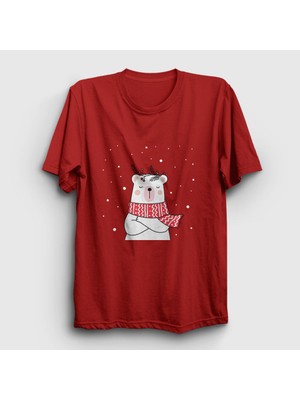 Presmono Unisex Kırmızı Polar Bear Kutup Ayısı Yılbaşı T-Shirt