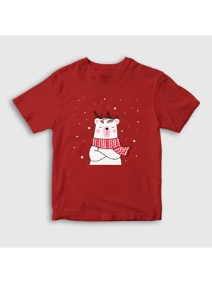 Presmono Unisex Çocuk Kırmızı Polar Bear Kutup Ayısı Yılbaşı T-Shirt