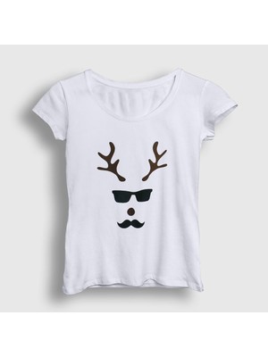 Presmono Kadın Beyaz Male Deer Yılbaşı T-Shirt