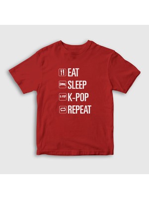 Presmono Unisex Çocuk Kırmızı Eat Sleep Repeat K-Pop T-Shirt
