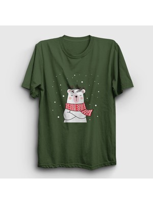 Presmono Unisex Haki Polar Bear Kutup Ayısı Yılbaşı T-Shirt