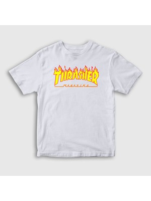Presmono Unisex Çocuk Beyaz Logo Thrasher T-Shirt