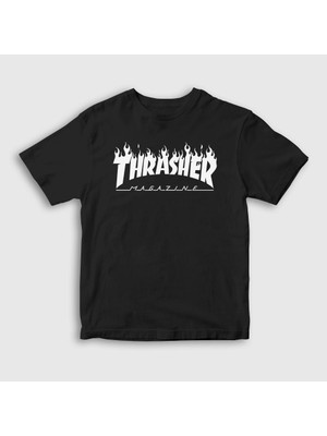 Presmono Unisex Çocuk Siyah Logo V6 Thrasher T-Shirt