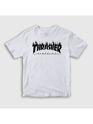 Presmono Unisex Çocuk Beyaz Logo V6 Thrasher T-Shirt