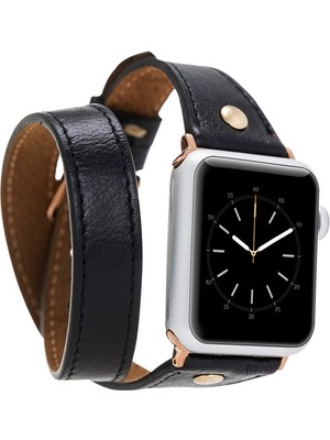 Bouletta Apple Watch Uyumlu Deri Kordon 42-44MM Slim Çift Tur Gold Trok Rst1 Siyah