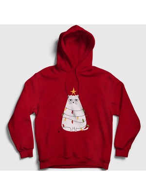 Presmono Unisex Kırmızı Huysuz Kedi Yılbaşı Kapüşonlu Sweatshirt