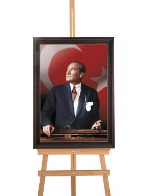 Tekin Özalit Ceviz Rengi Çerçeveli Türk Bayrağı Fonlu Atatürk Portresi