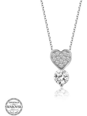 Gumush Swarovski Taşlı Gümüş Kalp Tektaş Kadın Kolye