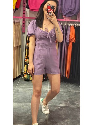 Butik Ponçik Beli Lastikli Lila Keten Şort