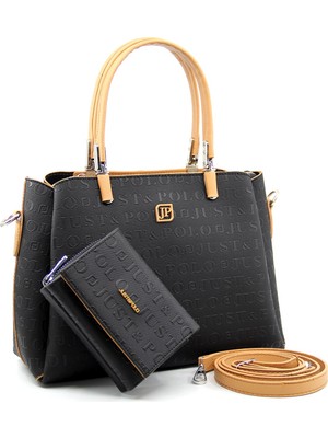 Just Polo Siyah Taba Kadın 3 Bölmeli Ayarlanabilir Uzun Askılı Omuz Çantası ve Cüzdan Kombini PBU4018-1002