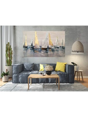 Hobimania Kanvas Tablo Yağlı Boya Görünümlü Gemiler 70 x 120 cm Duvar Dekorasyon Moda Tablo