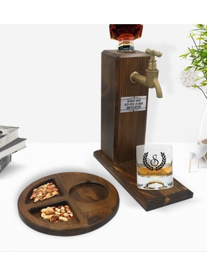 BK Kişiye Özel Çelenk Baş Harfli Isimli Viski Bardağı & Ahşap Içki Standı & Ahşap Sunum Tabağı Çerezlik Hediye Seti-3
