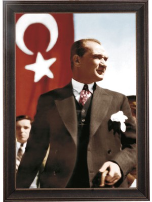 Tekin Özalit Ceviz Rengi Çerçeveli Türk Bayrağı Fonlu Atatürk Portresi