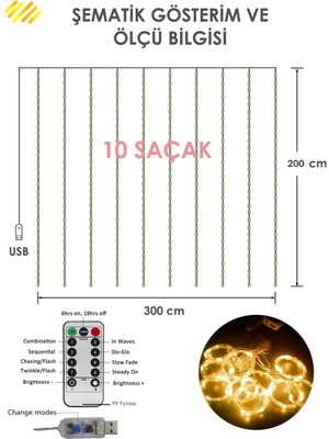 Trendpoint 3x2 Metre 200 Ledli Peri Telli Perde LED Işık Kumandalı Usb'li 8 Animasyonlu Günışığı