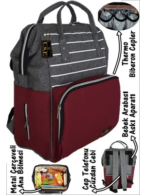 U.S.F Anne Bebek Bakım Sırt Çantası Çizgili Gri Bordo