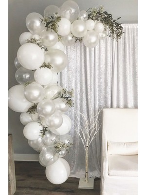 Bal10 Dünyası Pastel Beyaz Metalik Beyaz Şeffaf Balon Düğün Zinciri 100 Adet + 5 mt Balon Zinciri