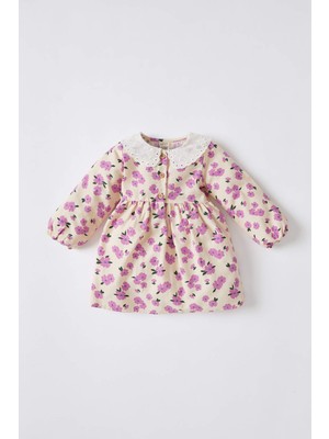DeFacto Kız Bebek Geniş Yakalı Çiçekli Desenli Uzun Kollu Pamuklu Twill Elbise W9270A222SP