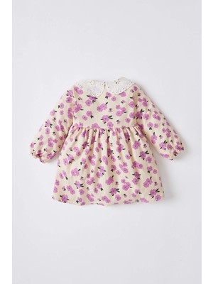 DeFacto Kız Bebek Geniş Yakalı Çiçekli Desenli Uzun Kollu Pamuklu Twill Elbise W9270A222SP