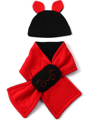 Berselüx Gülen Yüz Nakışlı, Kırmızı - Siyah Polar Fular Atkı- Bere Set Kız - Erkek Çocuk Unisex