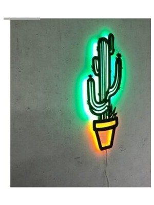 Dekor Hediyelik Dekoratif Kaktüs LED Işıklı Ahşap Tablo-Duvar Dekorasyonu