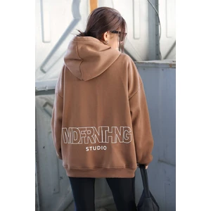 Mad Girls Kahverengi Baskılı Oversize Sweatshirt MG1287