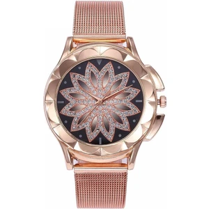 Smeeto Kadınlar Moda Çiçek Rhinestone Örgü Kemer Alaşımlı Bilezik Kuvars Izle (Gül Altın) (Yurt Dışından)