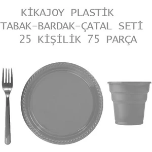 Plastik Lüks Gümüş 25 Kişilik Tabak-Bardak-Çatal Seti