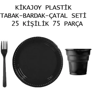 Plastik Lüks Siyah 25 Kişilik Tabak-Bardak-Çatal Seti