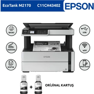Ecotank M2170 Tek Renkli (SİYAH) Mürekkep Tanklı Mono Yazıcı Baskı-Tarama- Kopya - (USB, Ethernet, WiFi, Wi-Fi Direct) + ORİJİNAL EPSON Mürekkep C11CH43402