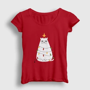 Kadın Kırmızı Huysuz Kedi Yılbaşı T-Shirt