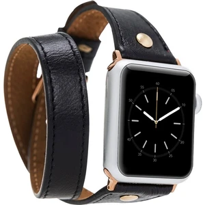Apple Watch Uyumlu Deri Kordon 42-44MM Slim Çift Tur Gold Trok Rst1 Siyah