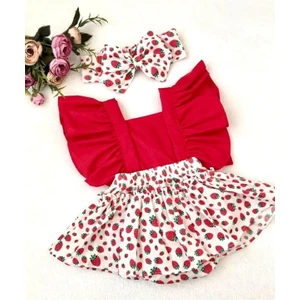 Baby Puff Kız Bebek Çilek Desen Salopet Bandana Set