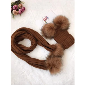 Baby Puff Çift Ponponlu Çocuk Taba Renktriko Atkı Bere Set