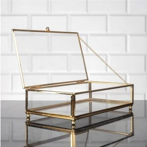 Çerçi Dede Cam Küçük Metal Çerçeveli Sunumluk Kapaklı Sandık Çikolata Şeker ve Takı Kutusu 25X14 cm Altın