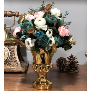 Yapay Çiçek Aranjmanı Antik Cam Vazoda Mavi Krem Erengüller